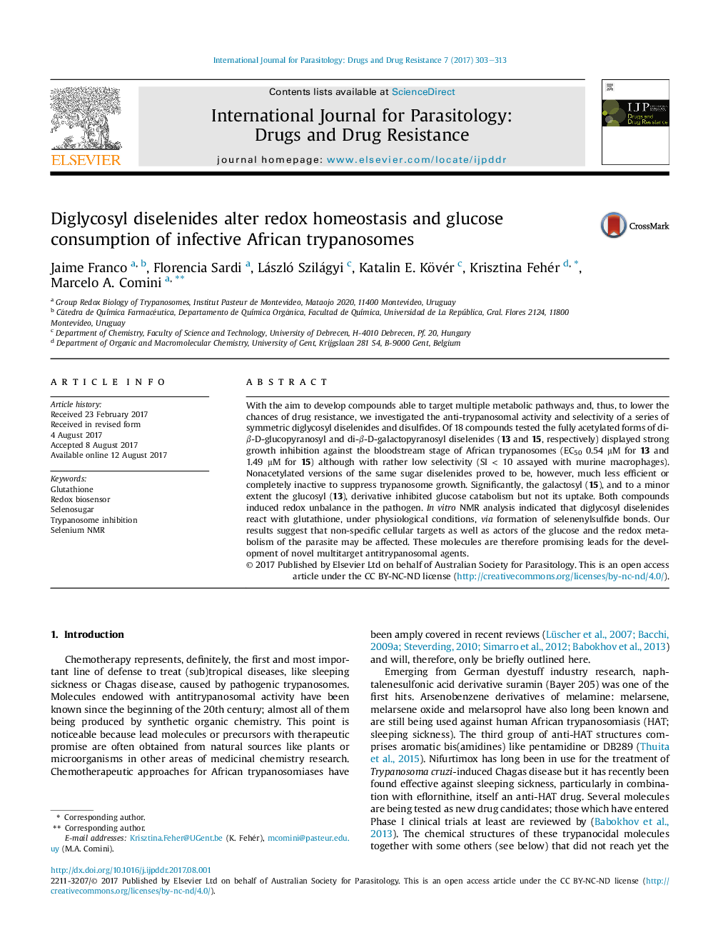 Diglycosyl diselenides alter redox homeostasis and glucose consumption of infective African trypanosomes