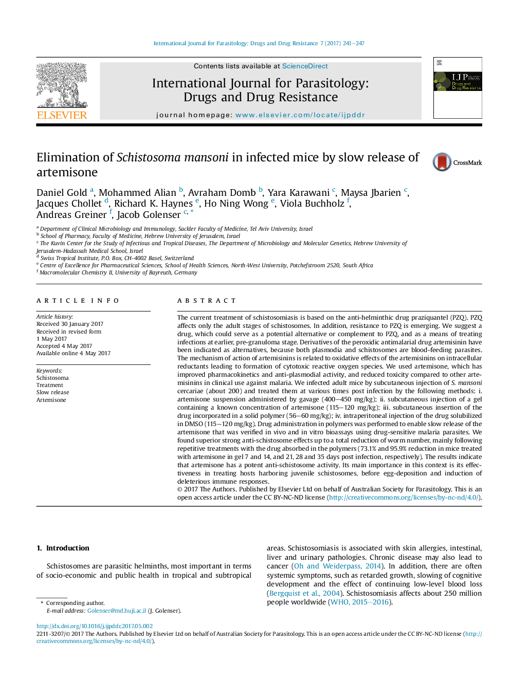 Elimination of Schistosoma mansoni in infected mice by slow release of artemisone