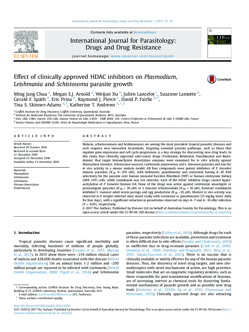 Effect of clinically approved HDAC inhibitors on Plasmodium, Leishmania and Schistosoma parasite growth