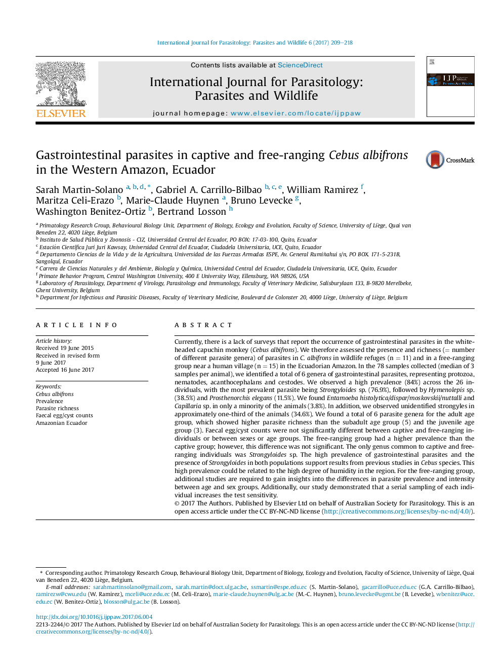 Gastrointestinal parasites in captive and free-ranging Cebus albifrons in the Western Amazon, Ecuador