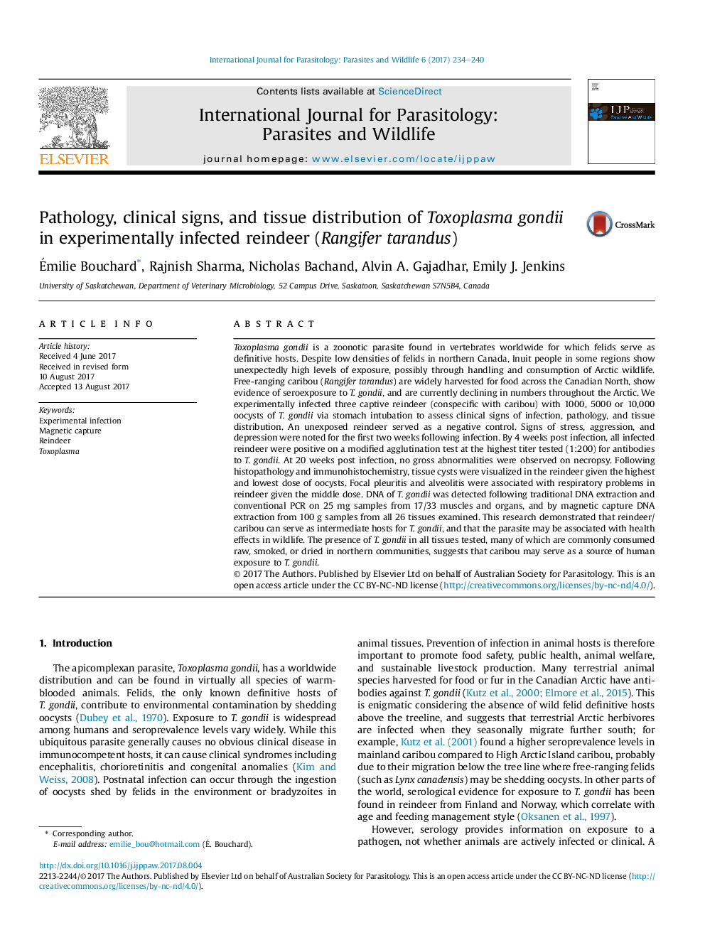 Pathology, clinical signs, and tissue distribution of Toxoplasma gondii in experimentally infected reindeer (Rangifer tarandus)