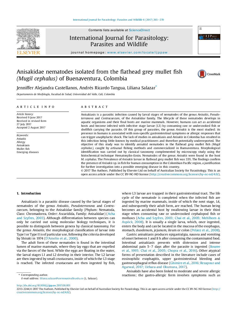 Anisakidae nematodes isolated from the flathead grey mullet fish (Mugil cephalus) of Buenaventura, Colombia