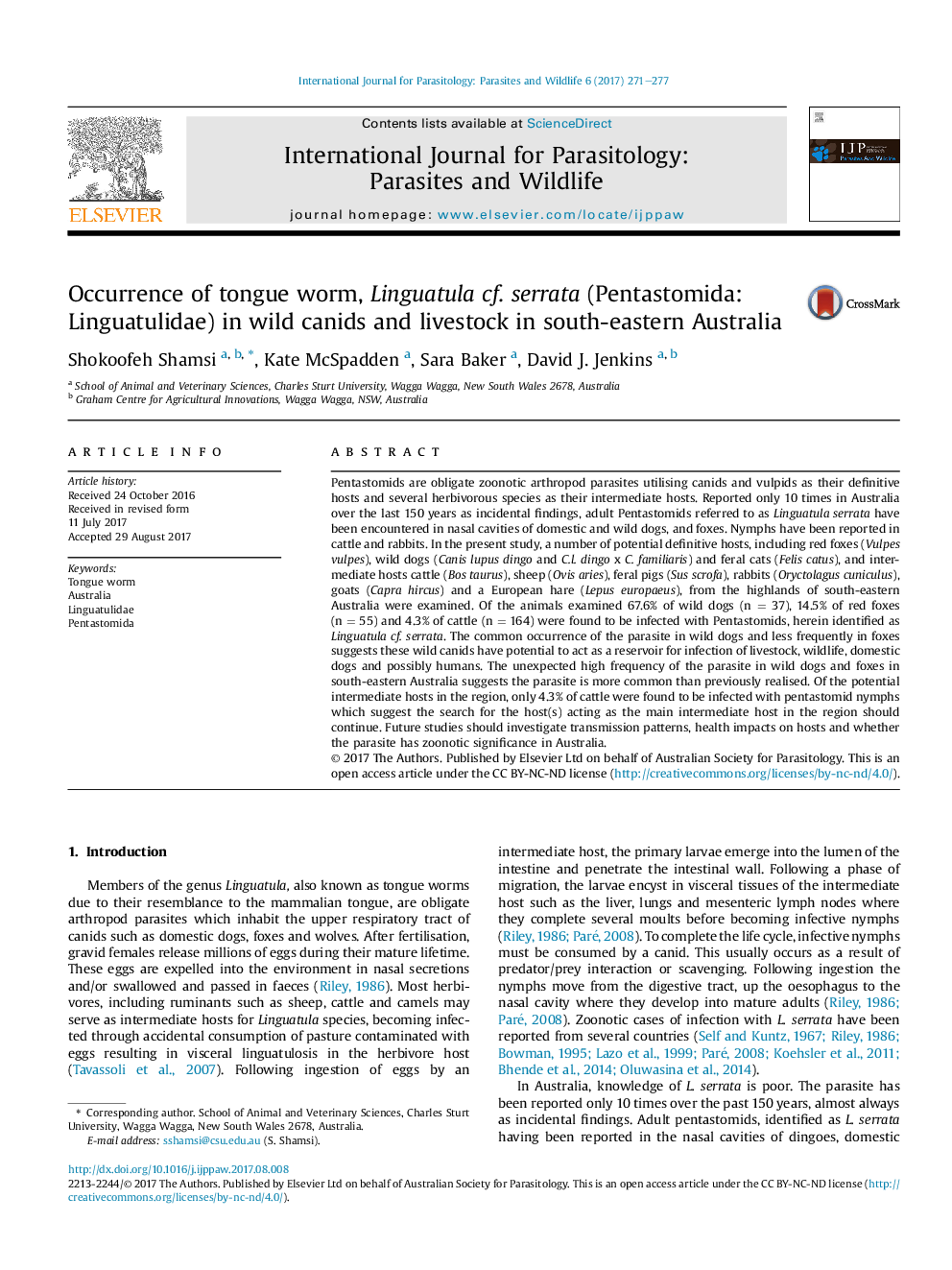 Occurrence of tongue worm, Linguatula cf. serrata (Pentastomida: Linguatulidae) in wild canids and livestock in south-eastern Australia