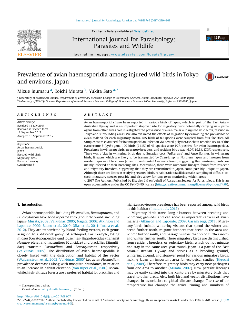 Prevalence of avian haemosporidia among injured wild birds in Tokyo and environs, Japan