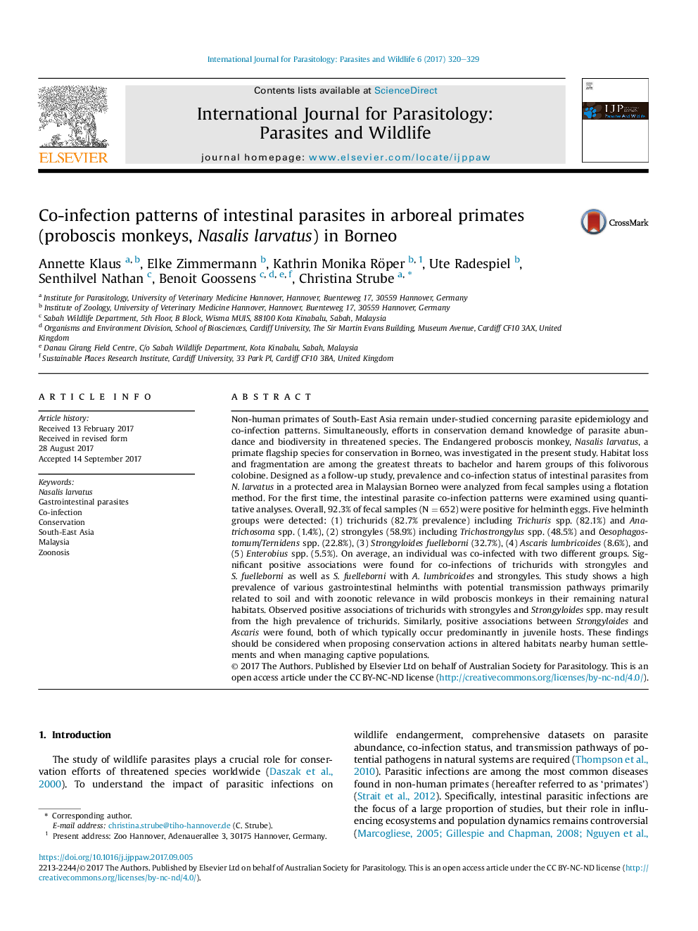 Co-infection patterns of intestinal parasites in arboreal primates (proboscis monkeys, Nasalis larvatus) in Borneo