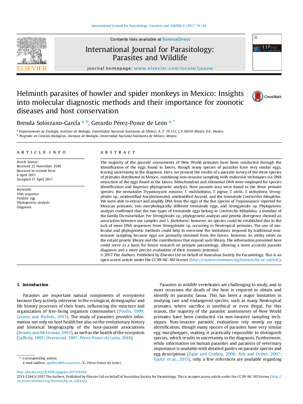 Helminth parasites of howler and spider monkeys in Mexico: Insights into molecular diagnostic methods and their importance for zoonotic diseases and host conservation