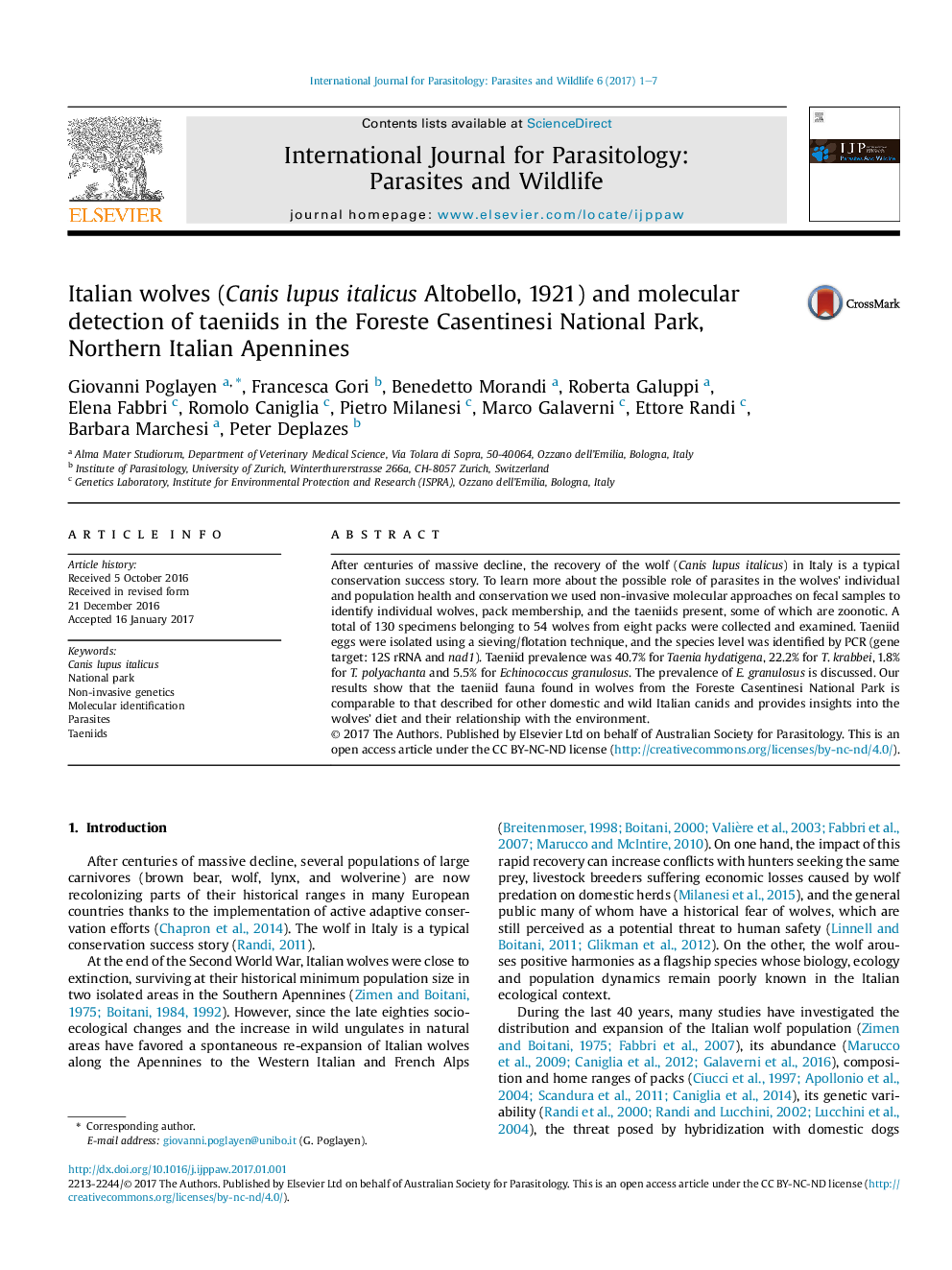 Italian wolves (Canis lupus italicus Altobello, 1921) and molecular detection of taeniids in the Foreste Casentinesi National Park, Northern Italian Apennines