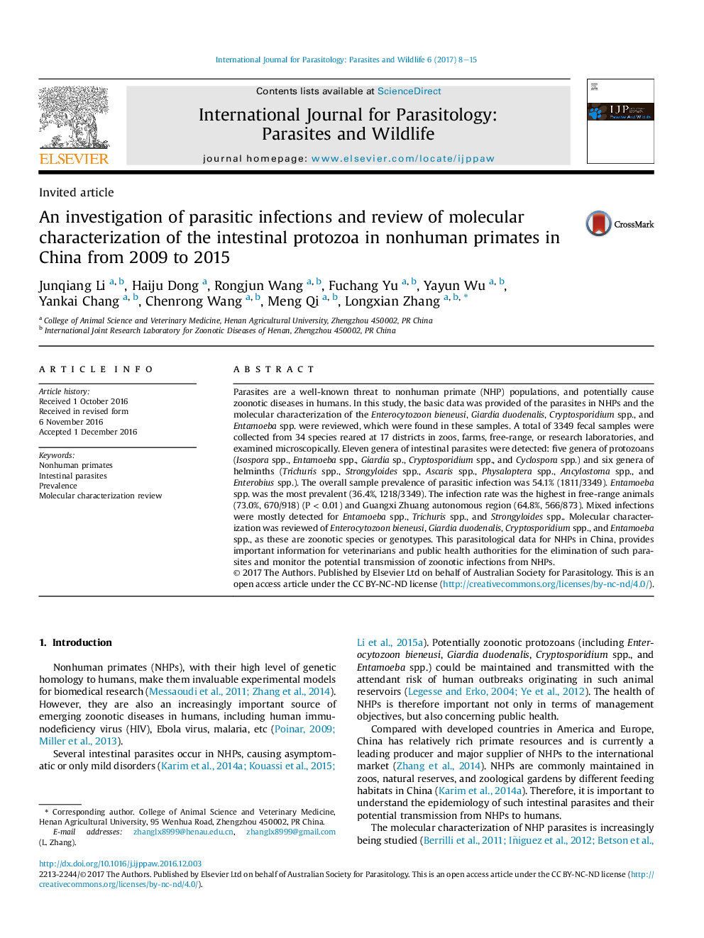 An investigation of parasitic infections and review of molecular characterization of the intestinal protozoa in nonhuman primates in China from 2009 to 2015