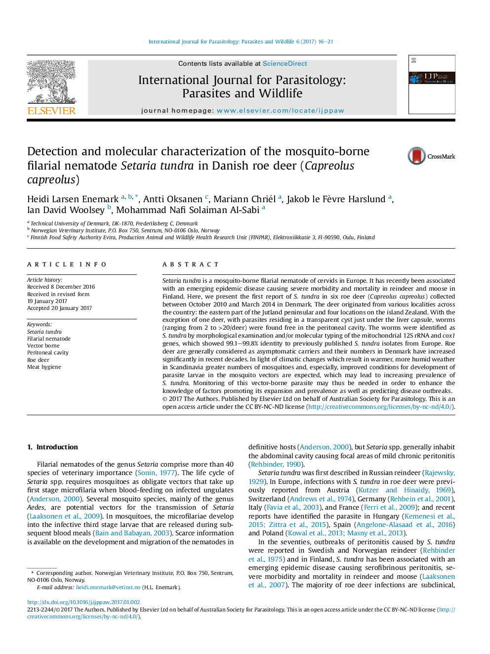 Detection and molecular characterization of the mosquito-borne filarial nematode Setaria tundra in Danish roe deer (Capreolus capreolus)