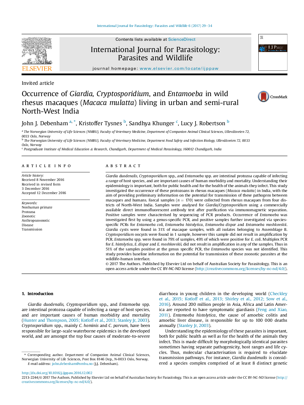 Occurrence of Giardia, Cryptosporidium, and Entamoeba in wild rhesusÂ macaques (Macaca mulatta) living in urban and semi-rural North-West India