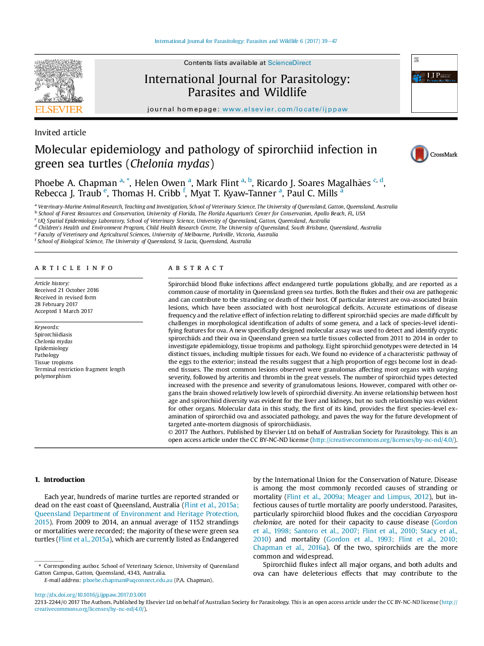 Molecular epidemiology and pathology of spirorchiid infection in green sea turtles (Chelonia mydas)