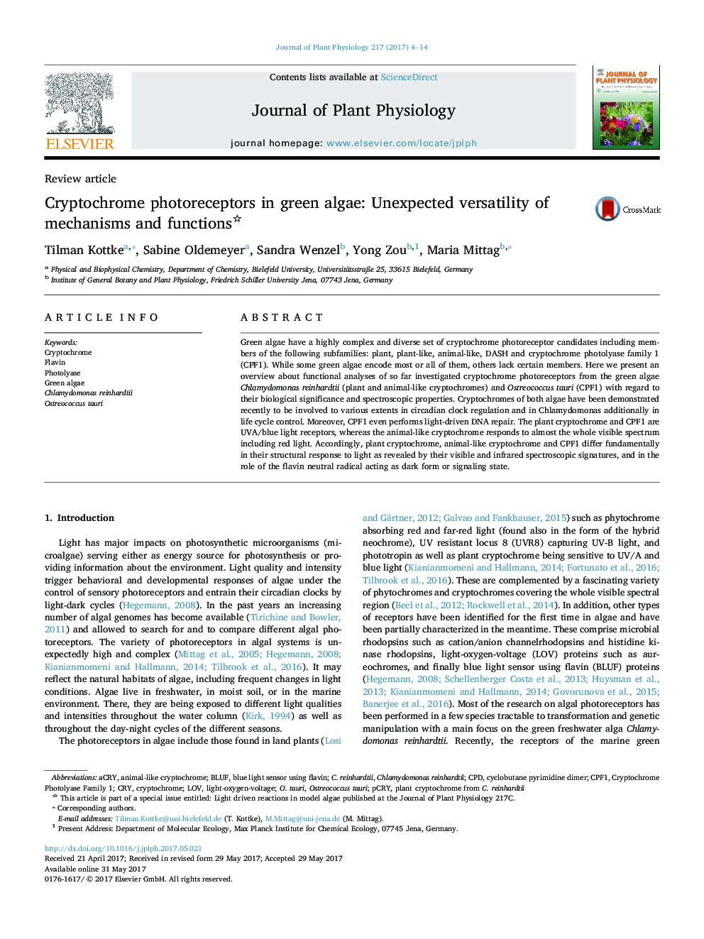 Review articleCryptochrome photoreceptors in green algae: Unexpected versatility of mechanisms and functions