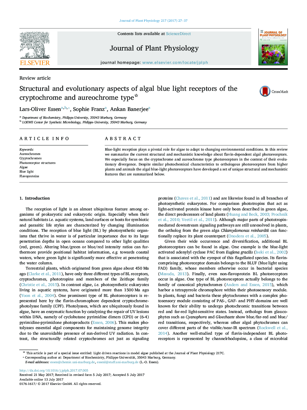 Review articleStructural and evolutionary aspects of algal blue light receptors of the cryptochrome and aureochrome type