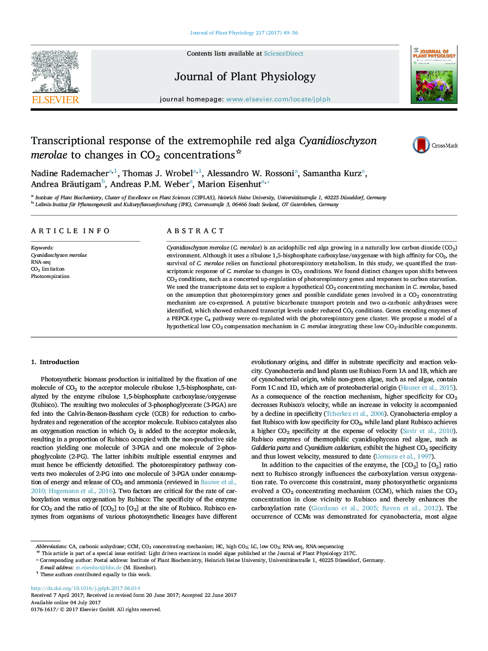 Transcriptional response of the extremophile red alga Cyanidioschyzon merolae to changes in CO2 concentrations