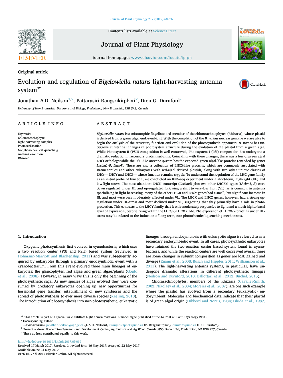 Original articleEvolution and regulation of Bigelowiella natans light-harvesting antenna system