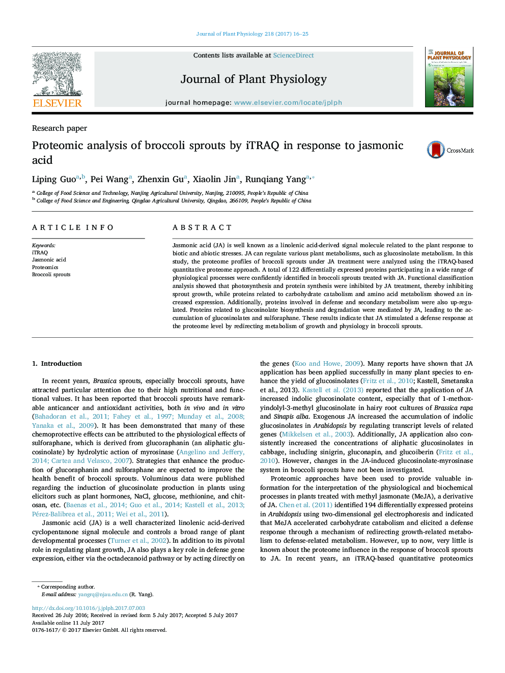 Research paperProteomic analysis of broccoli sprouts by iTRAQ in response to jasmonic acid