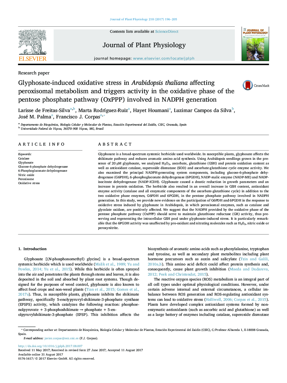 Research paperGlyphosate-induced oxidative stress in Arabidopsis thaliana affecting peroxisomal metabolism and triggers activity in the oxidative phase of the pentose phosphate pathway (OxPPP) involved in NADPH generation