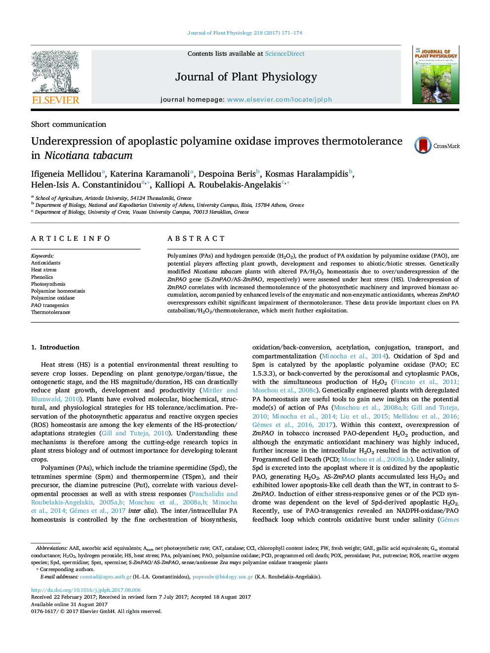 Short communicationUnderexpression of apoplastic polyamine oxidase improves thermotolerance in Nicotiana tabacum