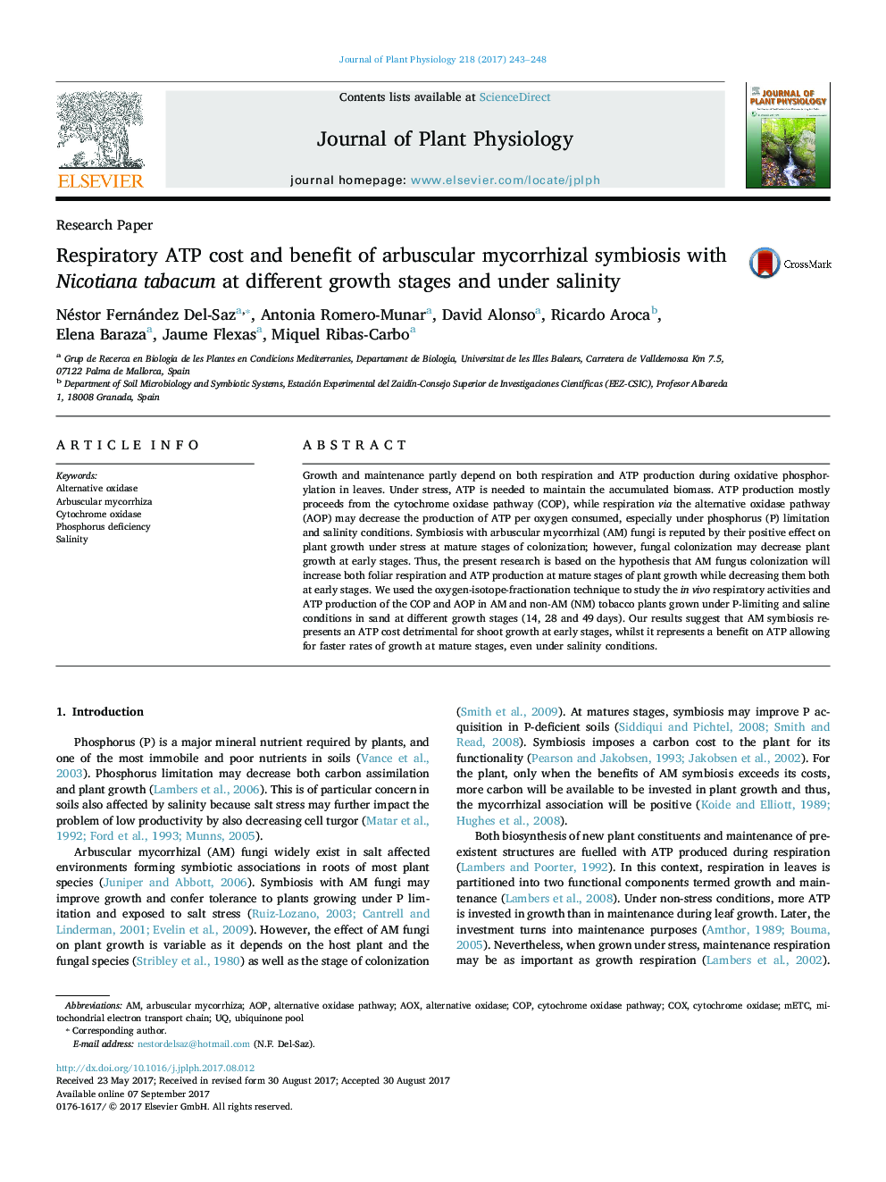 Research PaperRespiratory ATP cost and benefit of arbuscular mycorrhizal symbiosis with Nicotiana tabacum at different growth stages and under salinity