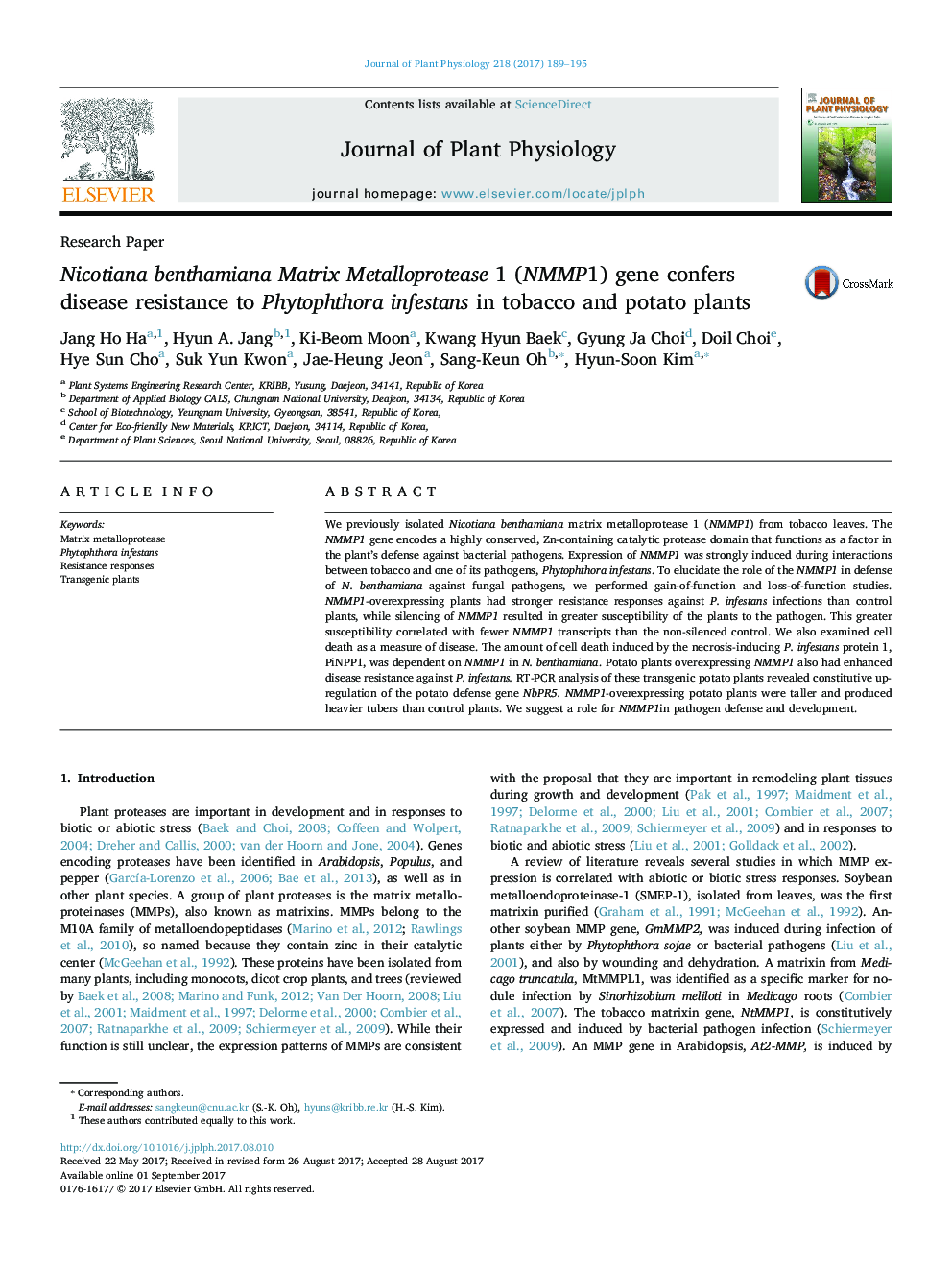 Research PaperNicotiana benthamiana Matrix Metalloprotease 1 (NMMP1) gene confers disease resistance to Phytophthora infestans in tobacco and potato plants