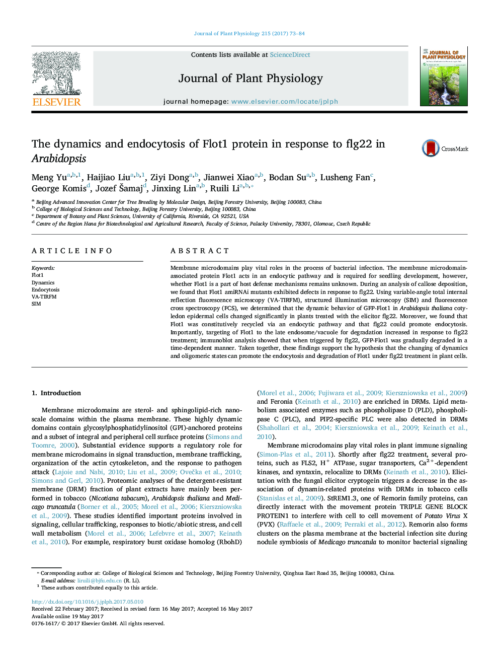 The dynamics and endocytosis of Flot1 protein in response to flg22 in Arabidopsis