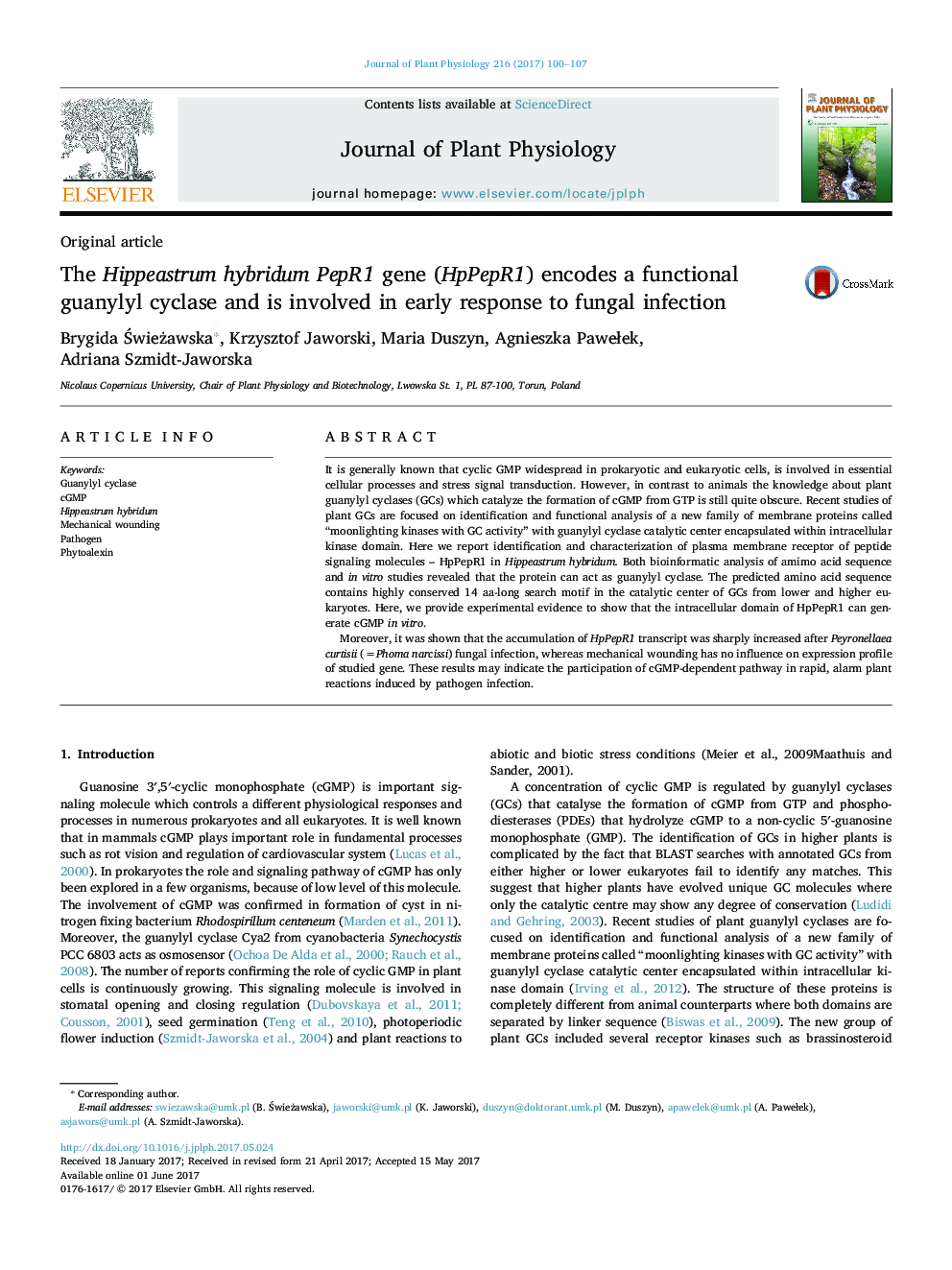 Original articleThe Hippeastrum hybridum PepR1 gene (HpPepR1) encodes a functional guanylyl cyclase and is involved in early response to fungal infection