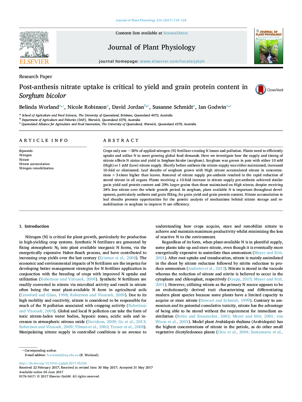 Research PaperPost-anthesis nitrate uptake is critical to yield and grain protein content in Sorghum bicolor