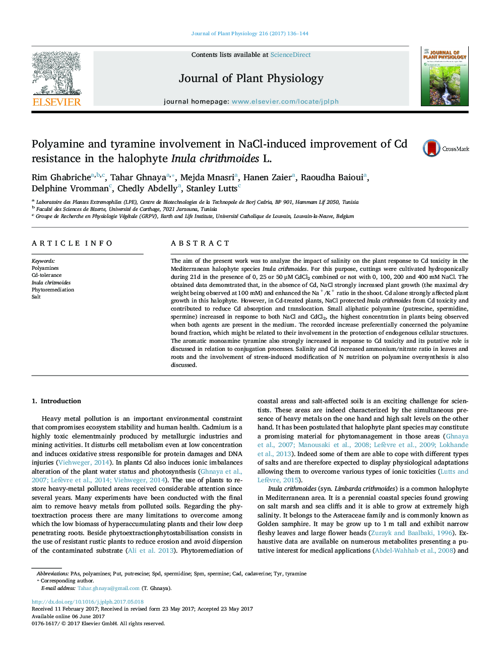 Polyamine and tyramine involvement in NaCl-induced improvement of Cd resistance in the halophyte Inula chrithmoides L.