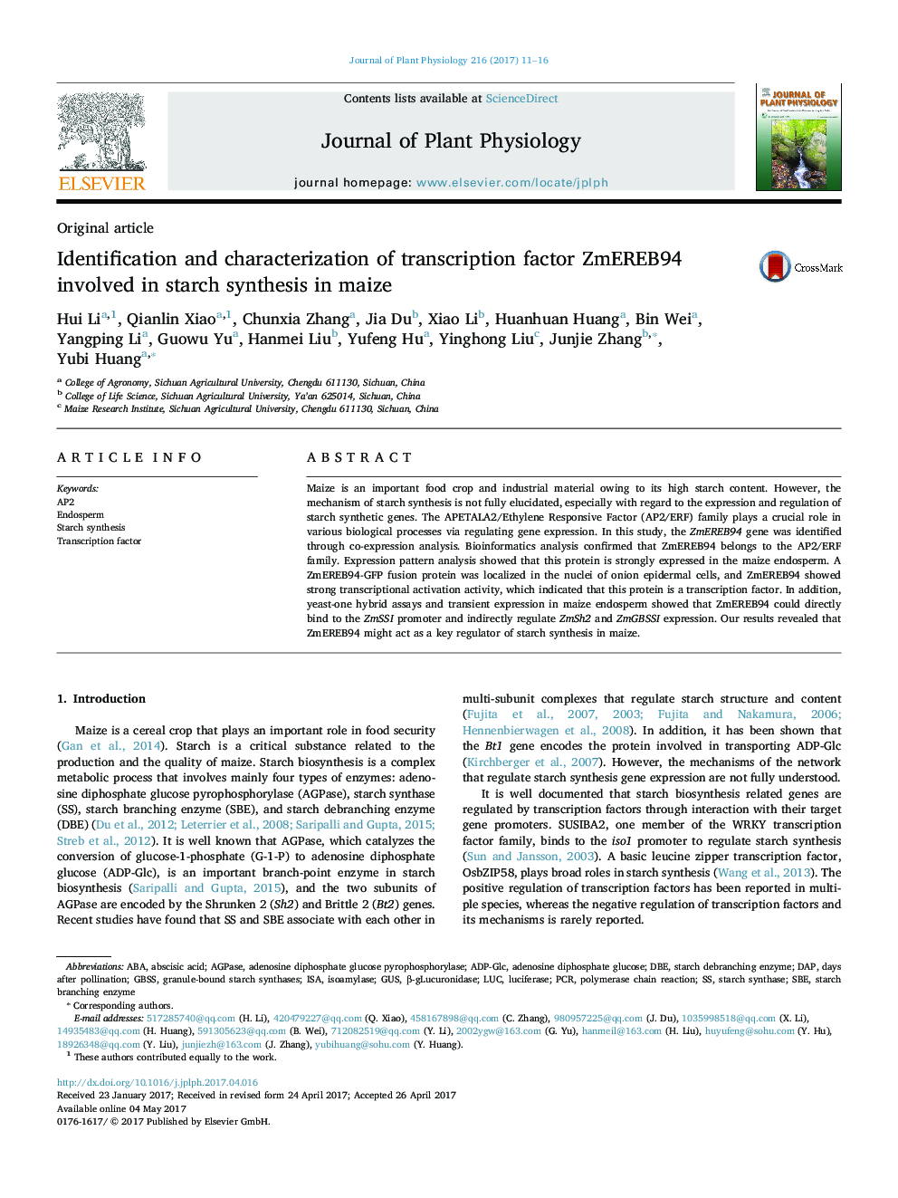 Original articleIdentification and characterization of transcription factor ZmEREB94 involved in starch synthesis in maize