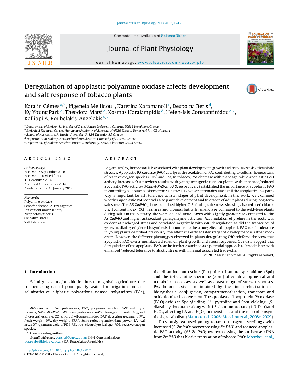 Deregulation of apoplastic polyamine oxidase affects development and salt response of tobacco plants