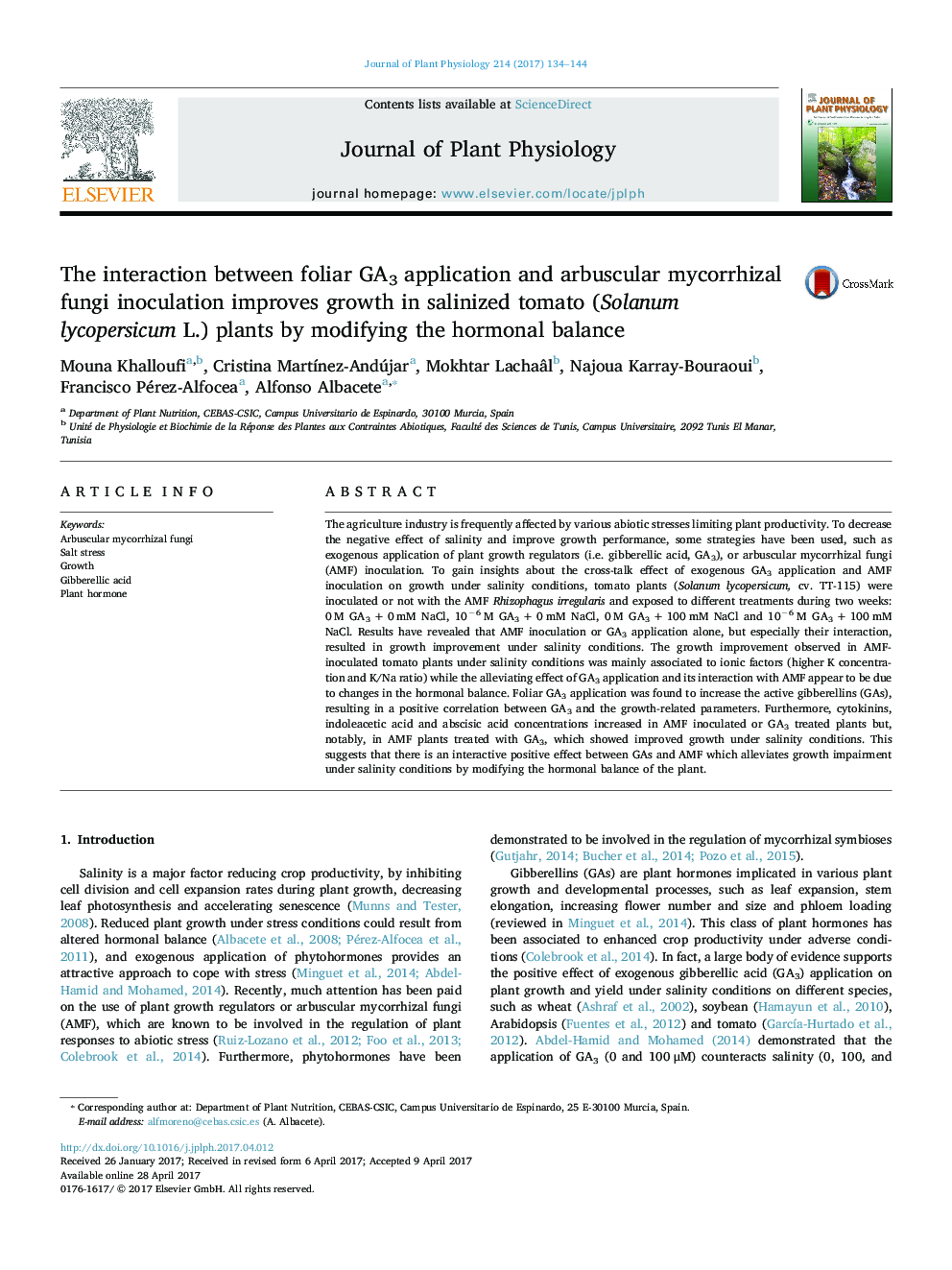 The interaction between foliar GA3 application and arbuscular mycorrhizal fungi inoculation improves growth in salinized tomato (Solanum lycopersicum L.) plants by modifying the hormonal balance