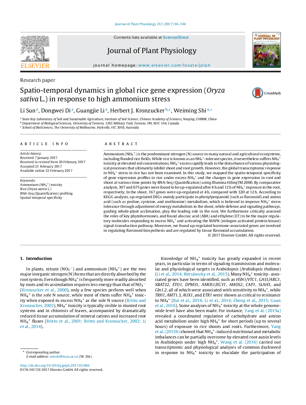 Research paperSpatio-temporal dynamics in global rice gene expression (Oryza sativaâL.) in response to high ammonium stress