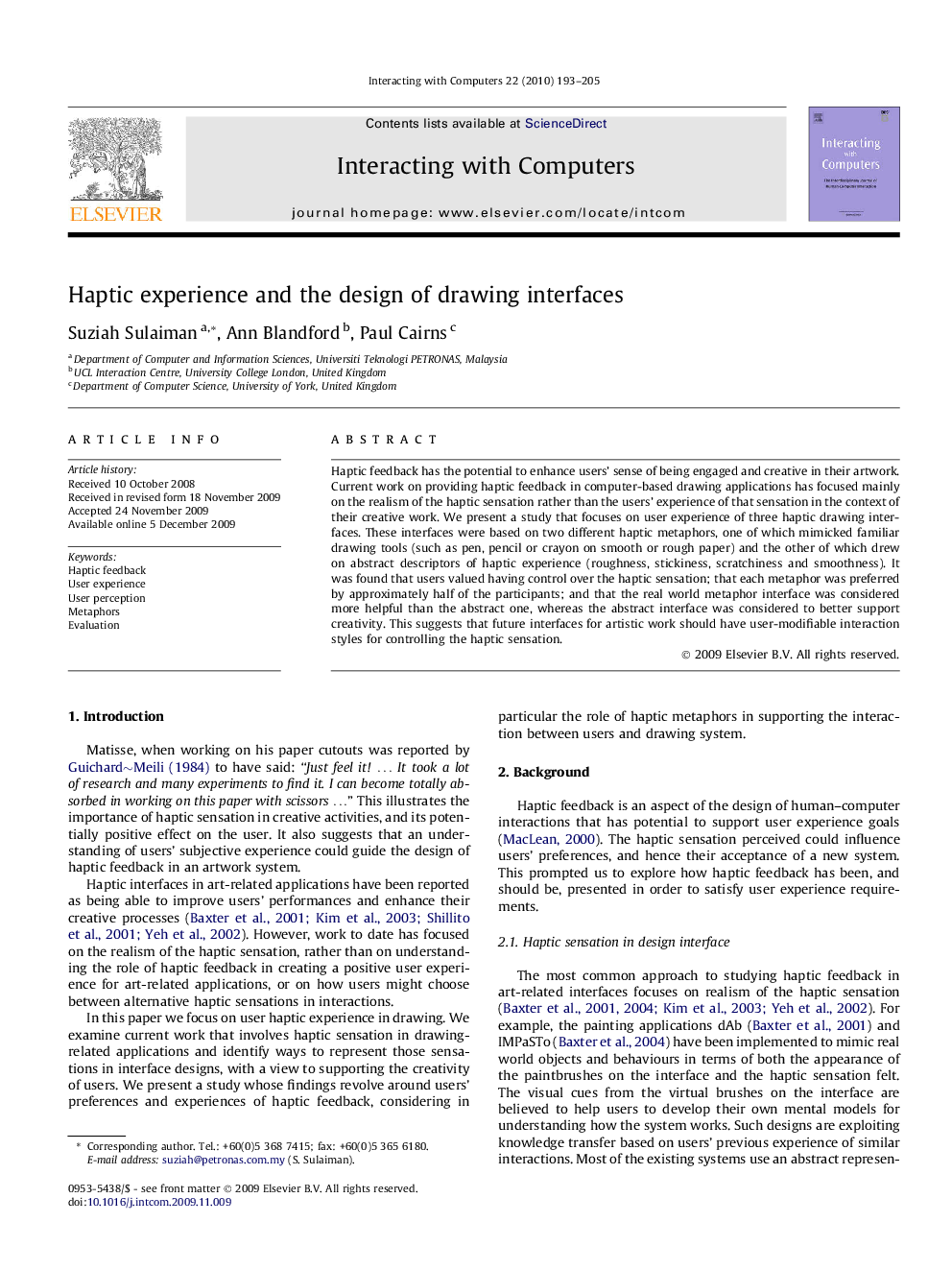 Haptic experience and the design of drawing interfaces