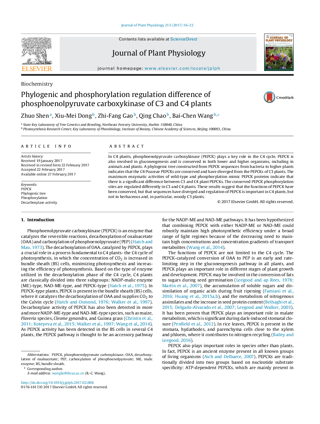 BiochemistryPhylogenic and phosphorylation regulation difference of phosphoenolpyruvate carboxykinase of C3 and C4 plants