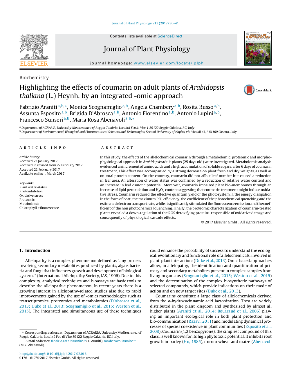 BiochemistryHighlighting the effects of coumarin on adult plants of Arabidopsis thaliana (L.) Heynh. by an integrated -omic approach