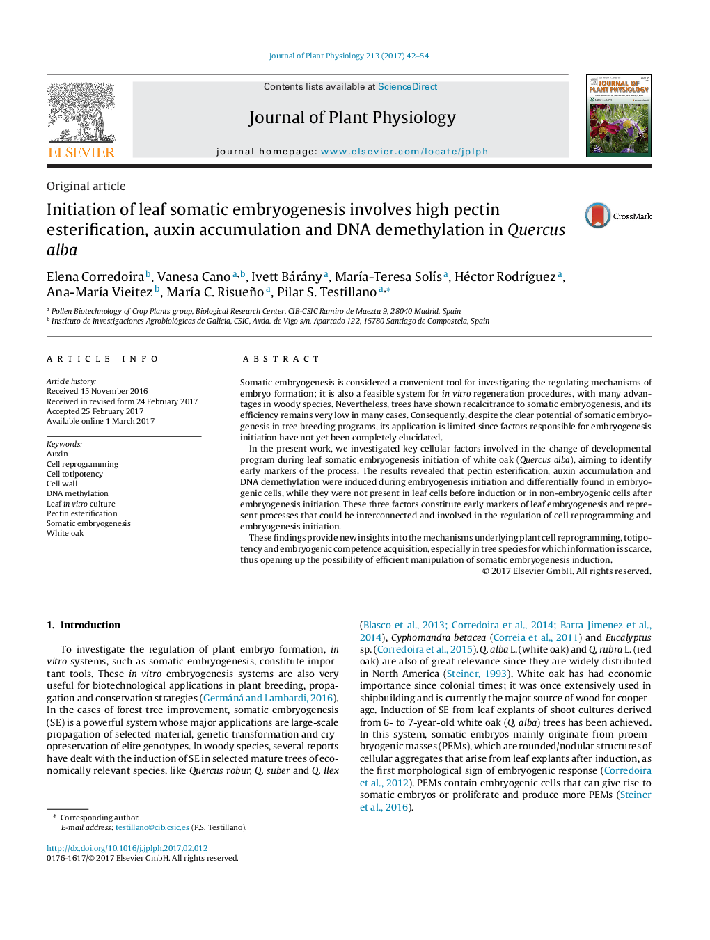 Original articleInitiation of leaf somatic embryogenesis involves high pectin esterification, auxin accumulation and DNA demethylation in Quercus alba