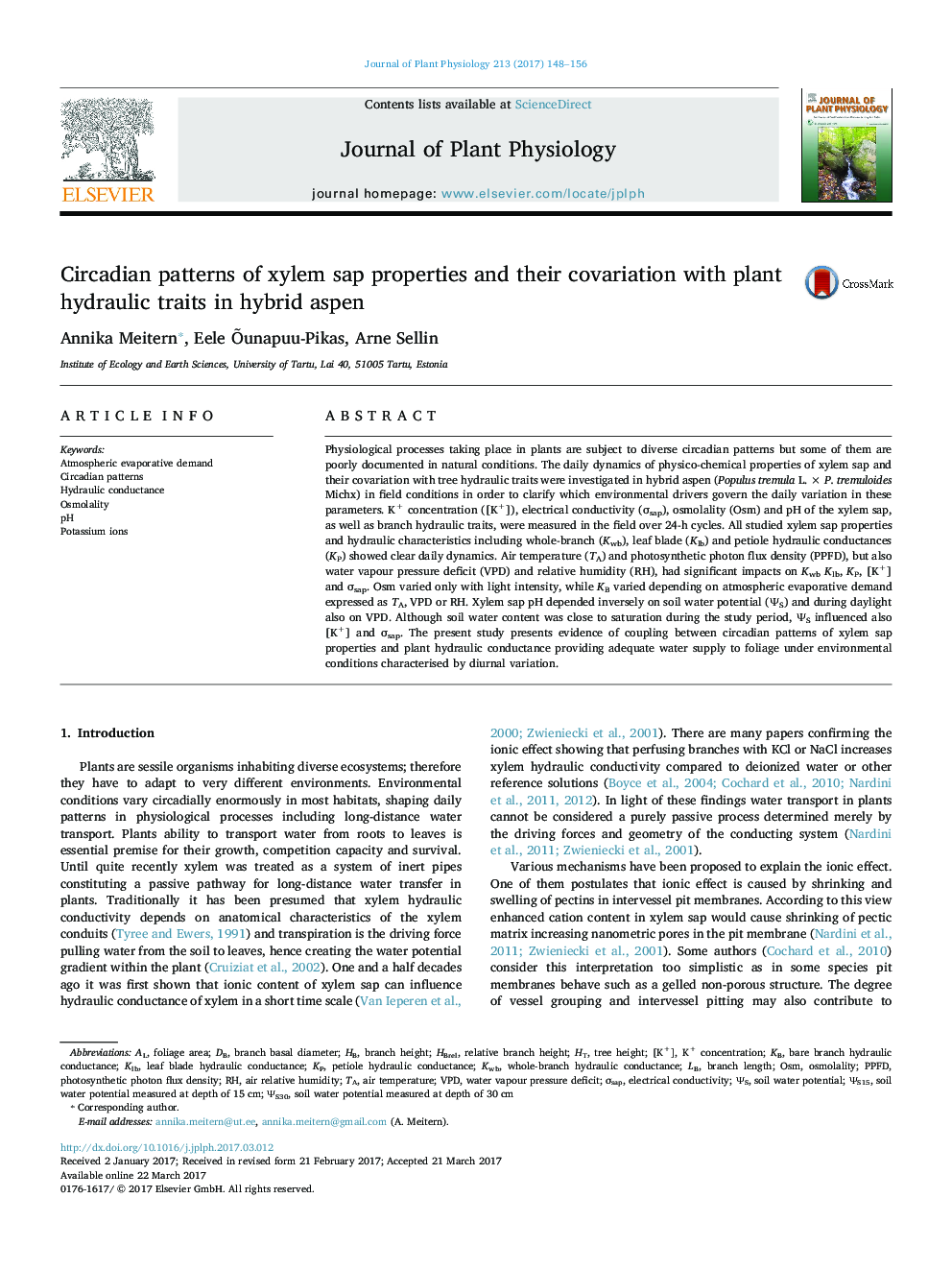 Circadian patterns of xylem sap properties and their covariation with plant hydraulic traits in hybrid aspen