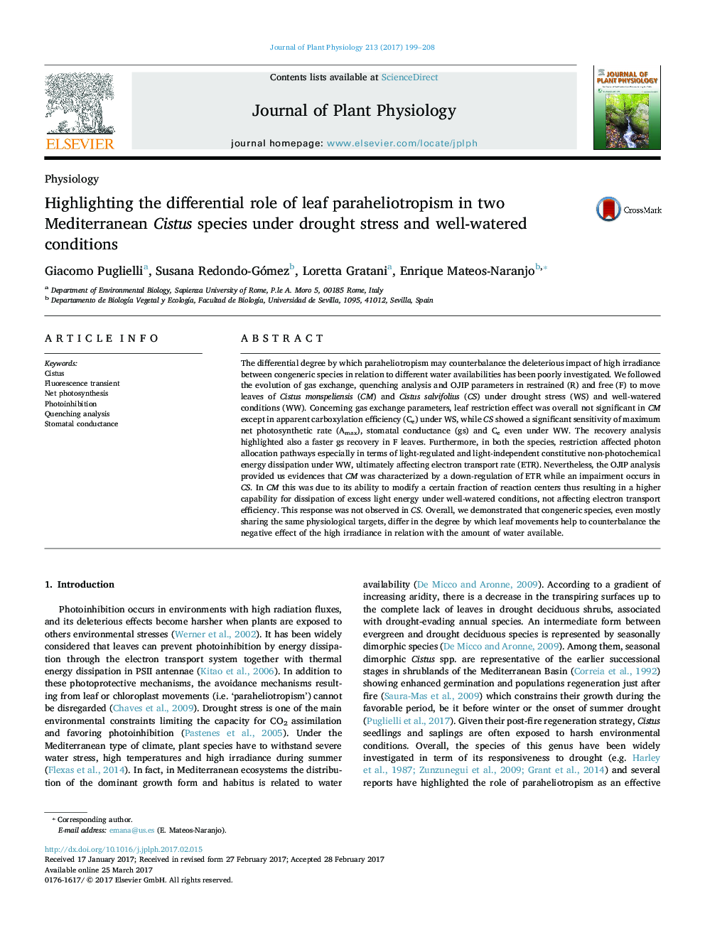 PhysiologyHighlighting the differential role of leaf paraheliotropism in two Mediterranean Cistus species under drought stress and well-watered conditions