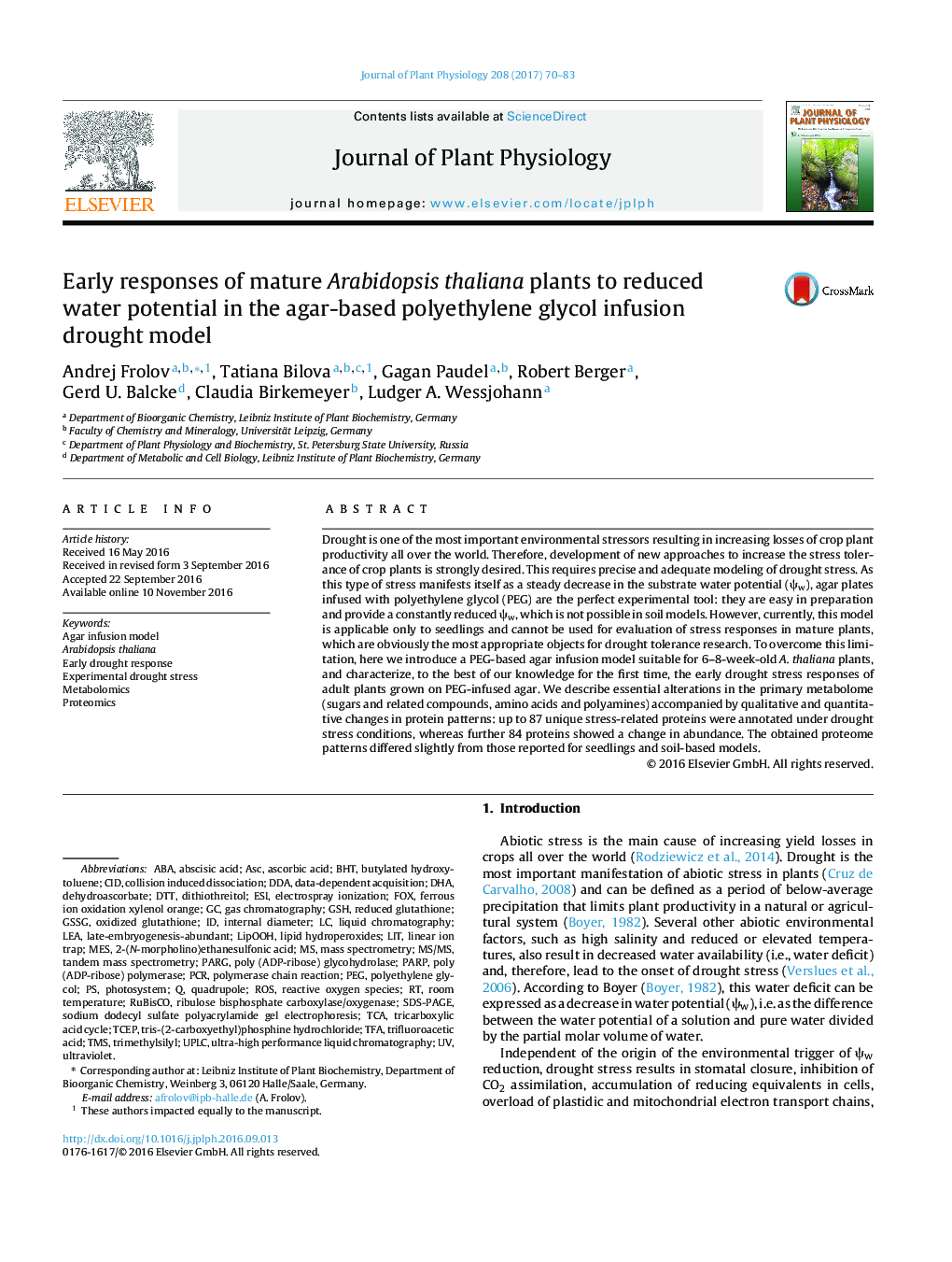 Early responses of mature Arabidopsis thaliana plants to reduced water potential in the agar-based polyethylene glycol infusion drought model