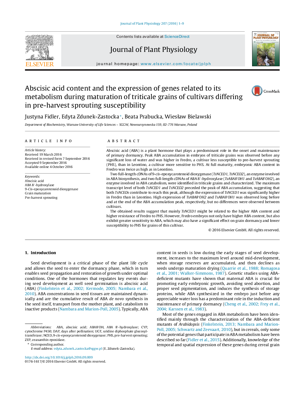 Abscisic acid content and the expression of genes related to its metabolism during maturation of triticale grains of cultivars differing in pre-harvest sprouting susceptibility