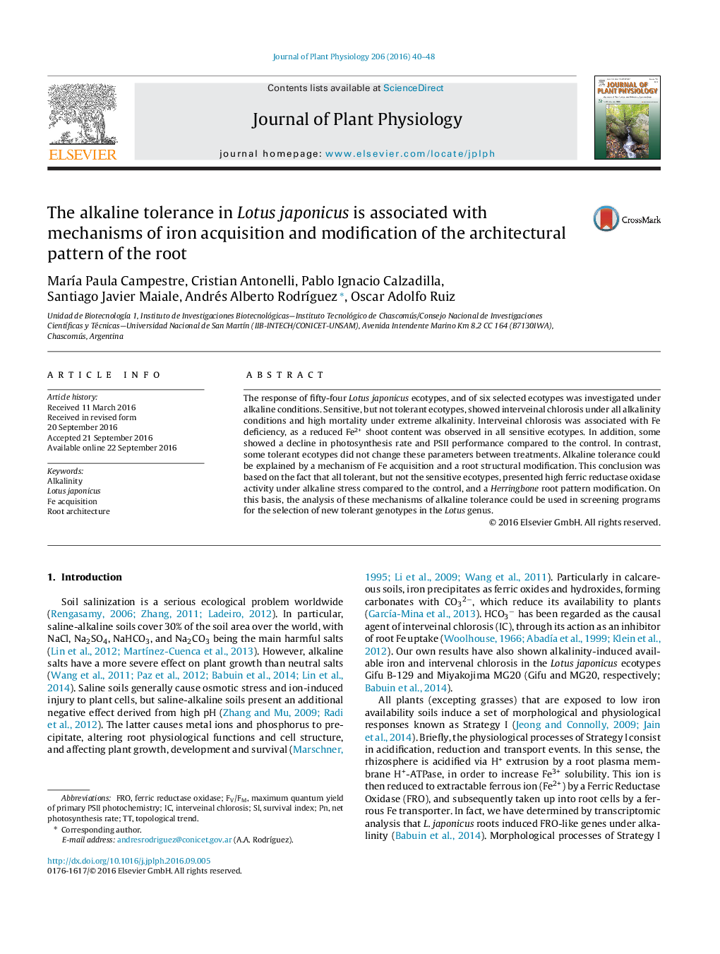 The alkaline tolerance in Lotus japonicus is associated with mechanisms of iron acquisition and modification of the architectural pattern of the root