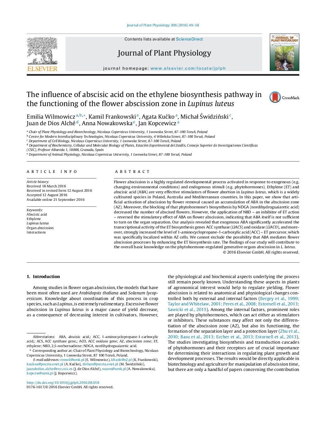 The influence of abscisic acid on the ethylene biosynthesis pathway in the functioning of the flower abscission zone in Lupinus luteus