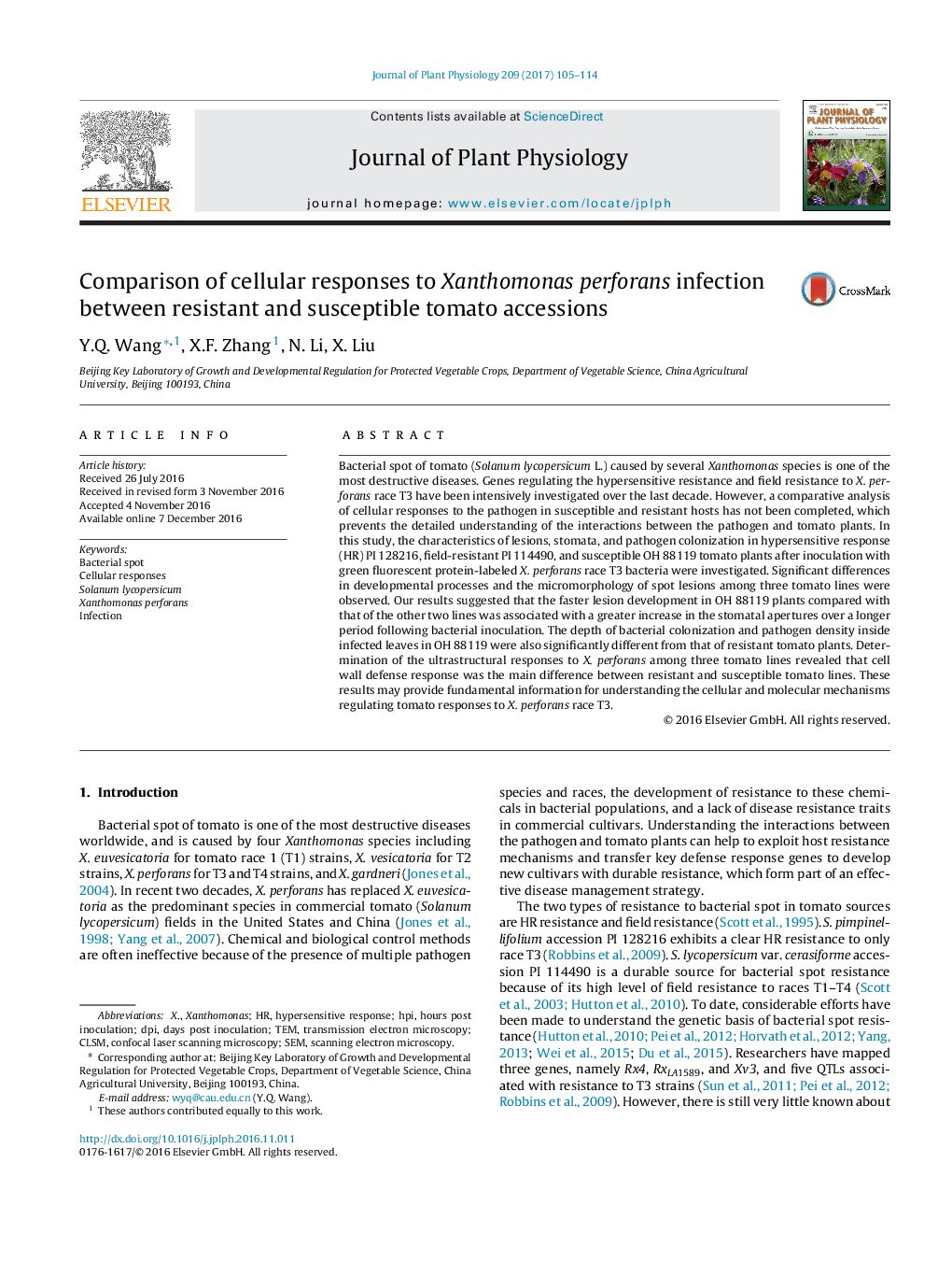 Comparison of cellular responses to Xanthomonas perforans infection between resistant and susceptible tomato accessions