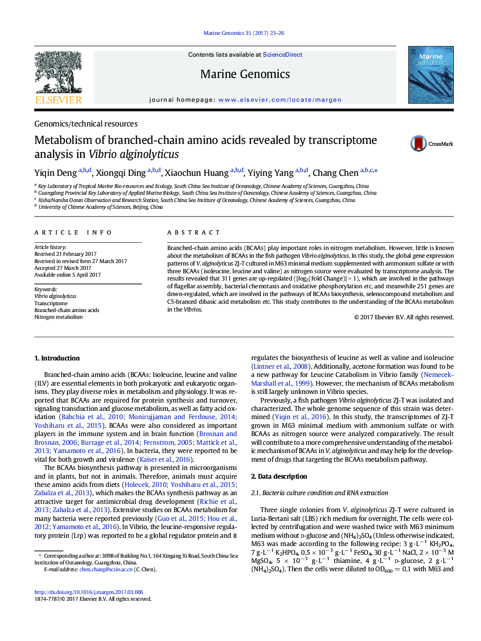 Genomics/technical resourcesMetabolism of branched-chain amino acids revealed by transcriptome analysis in Vibrio alginolyticus