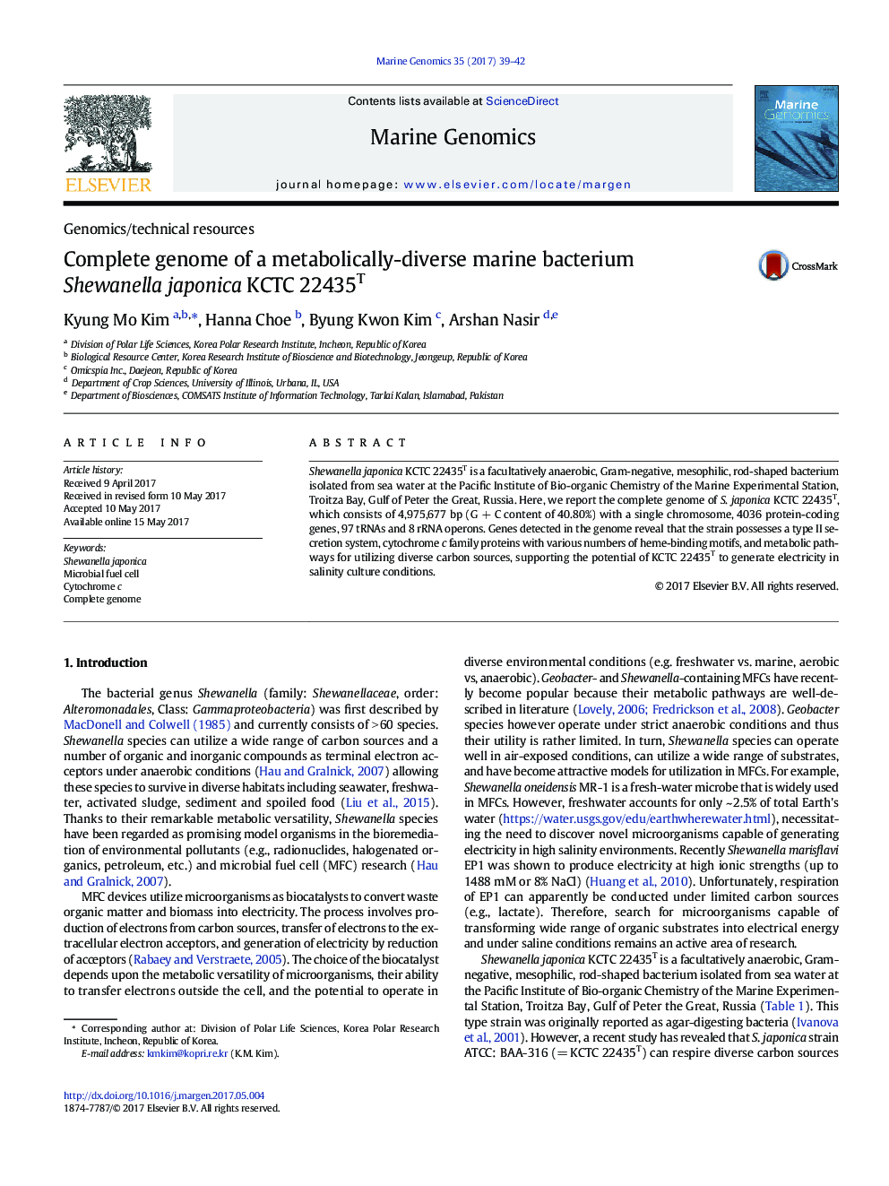 Genomics/technical resourcesComplete genome of a metabolically-diverse marine bacterium Shewanella japonica KCTC 22435T