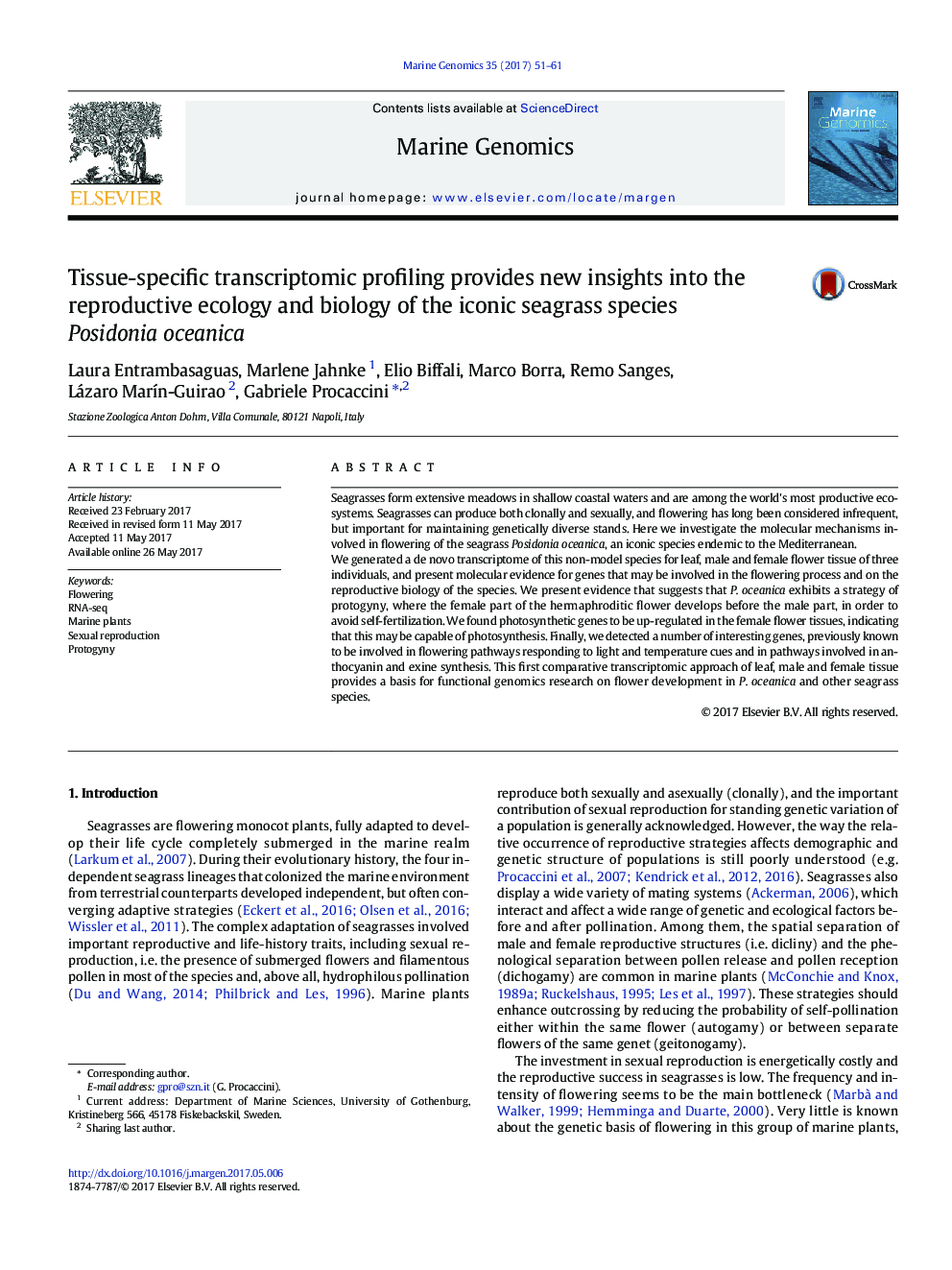 Tissue-specific transcriptomic profiling provides new insights into the reproductive ecology and biology of the iconic seagrass species Posidonia oceanica