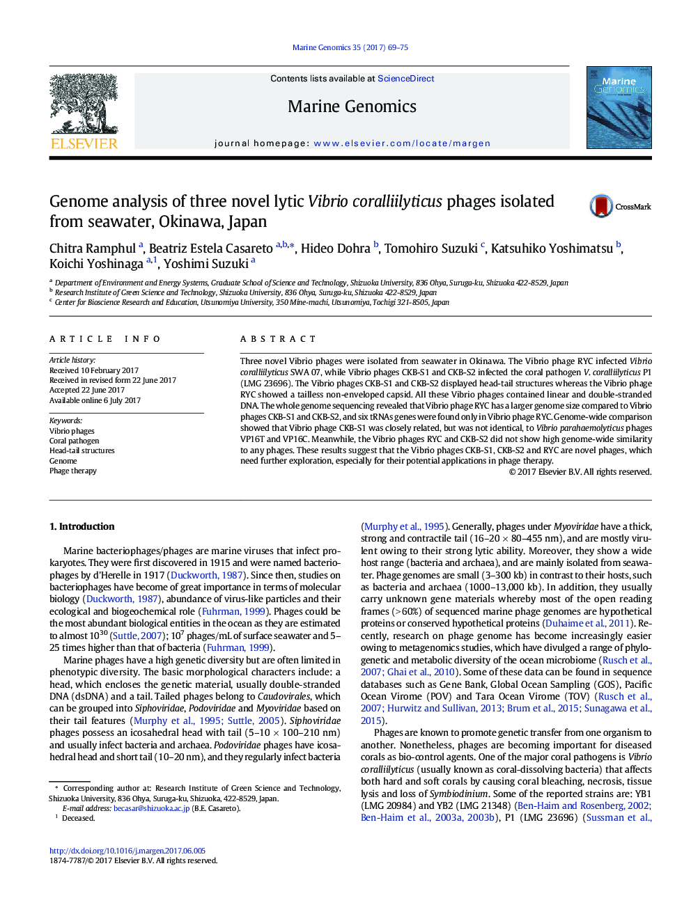 Genome analysis of three novel lytic Vibrio coralliilyticus phages isolated from seawater, Okinawa, Japan