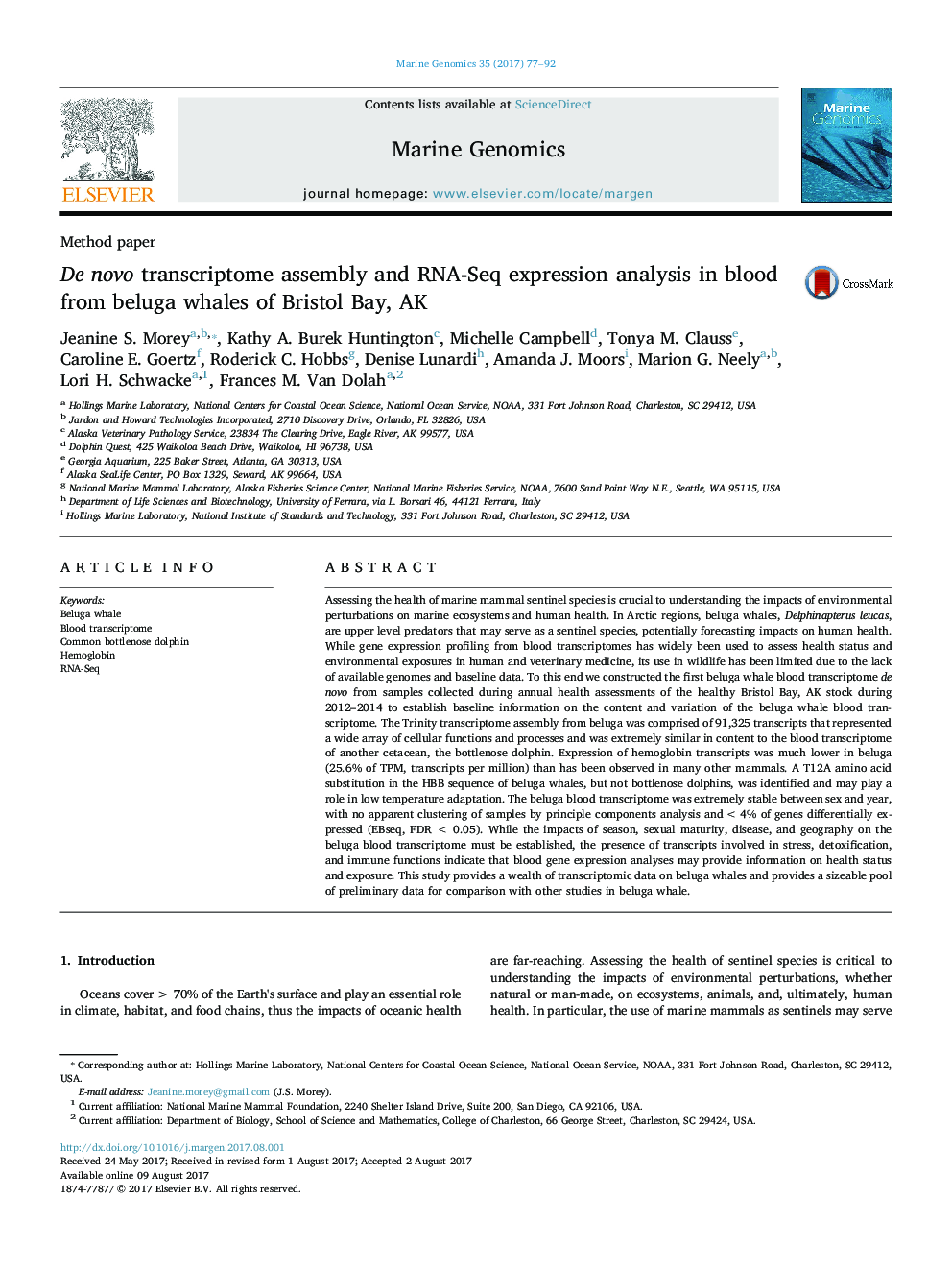 Method paperDe novo transcriptome assembly and RNA-Seq expression analysis in blood from beluga whales of Bristol Bay, AK