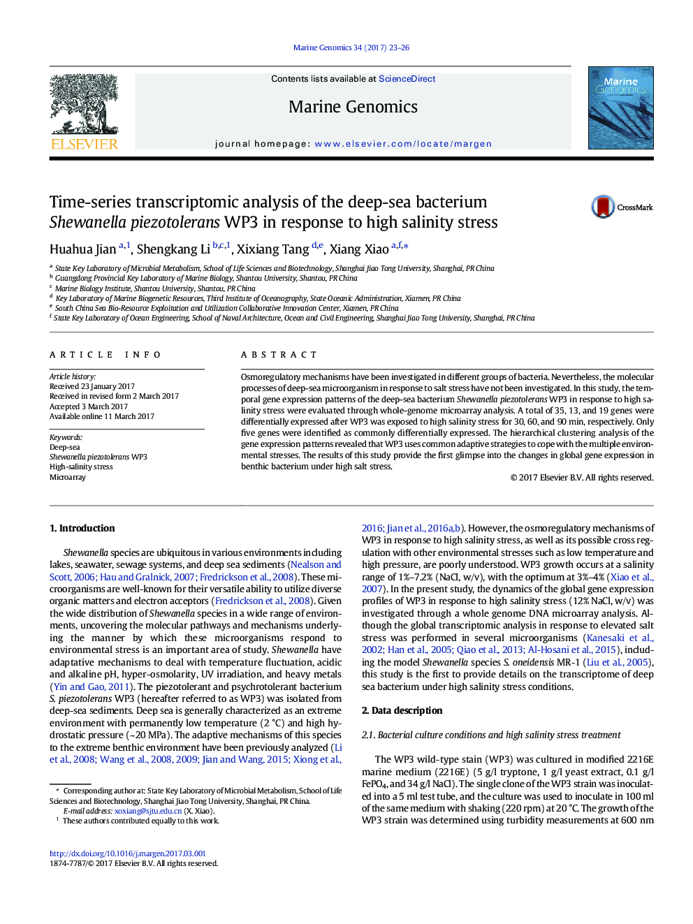 Time-series transcriptomic analysis of the deep-sea bacterium Shewanella piezotolerans WP3 in response to high salinity stress