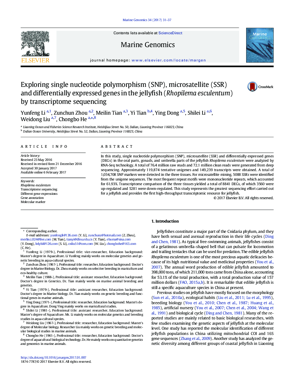 Exploring single nucleotide polymorphism (SNP), microsatellite (SSR) and differentially expressed genes in the jellyfish (Rhopilema esculentum) by transcriptome sequencing